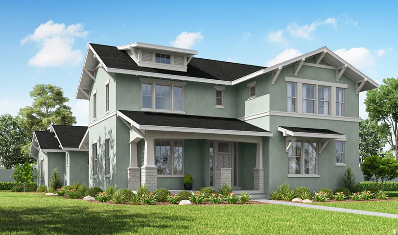 Two-story Craftsman-style exterior featuring a muted green stucco finish and black shingle roofing