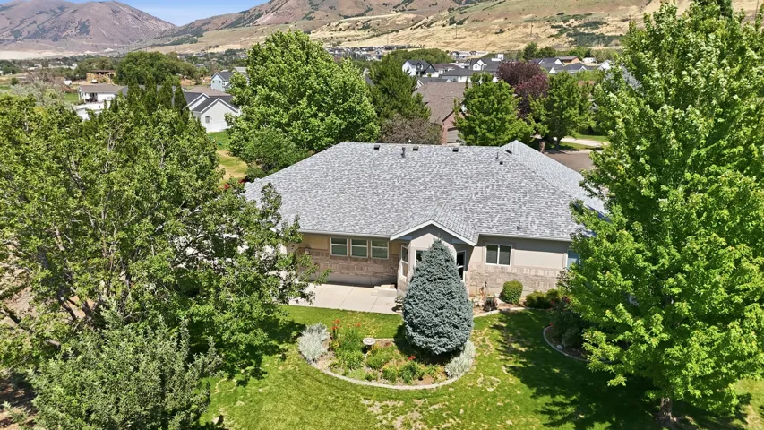 Ranch-style residence featuring a gray shingle roof and a combination of beige siding and stone facade