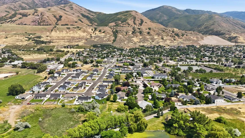 Aerial perspective showcasing a residential community with varied architectural styles