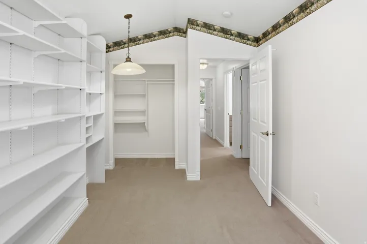 Room featuring extensive built-in shelving, a recessed closet with additional shelving, and a hanging pendant light fixture