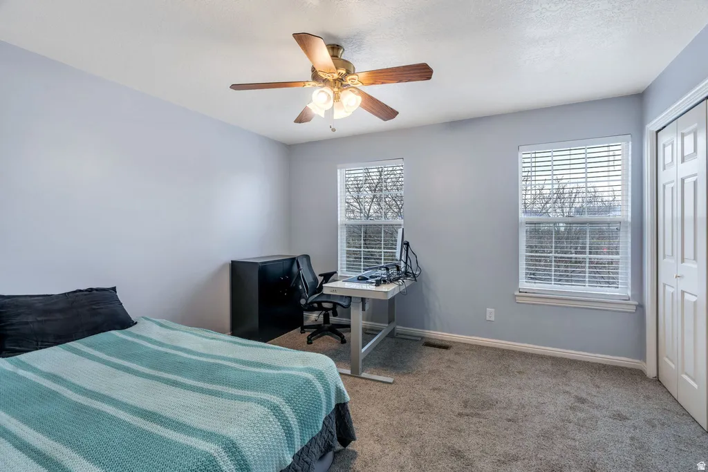 Carpeted room with two double-hung windows, a ceiling fan with light fixture, and bifold closet doors