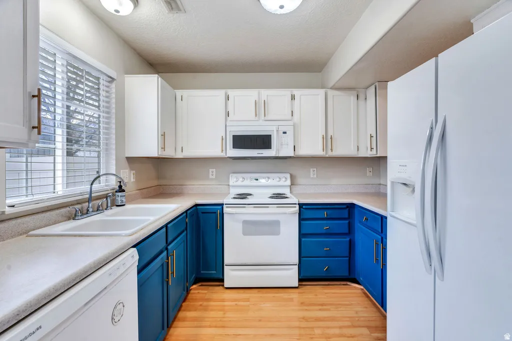 Kitchen featuring contrasting white upper and blue lower cabinetry with gold-tone hardware, white appliances, wood-finish flooring, and a double basin sink