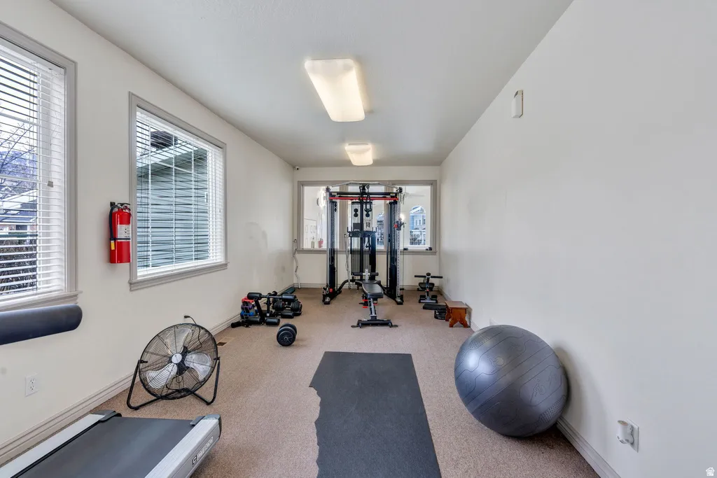 Carpeted room with white walls, two rectangular windows with blinds, and recessed lighting fixtures