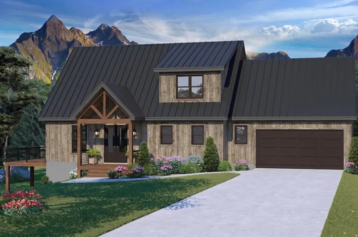 Rustic modern home with wood-finish siding and a dark metal roof