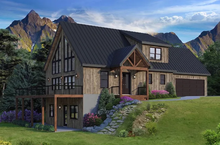 Contemporary mountain-style residence featuring a prominent gable roofline with dark metal roofing