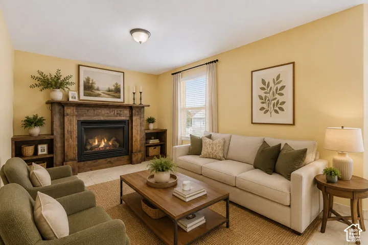 Wood-finish fireplace with a hearth, built-in shelving, and a prominent window with blinds