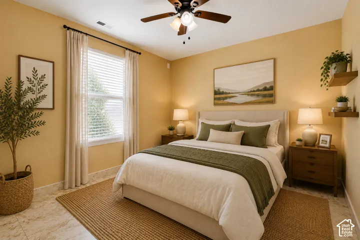 Recessed lighting, ceiling fan with light fixture, large window with blinds, tiled flooring, built-in floating shelves