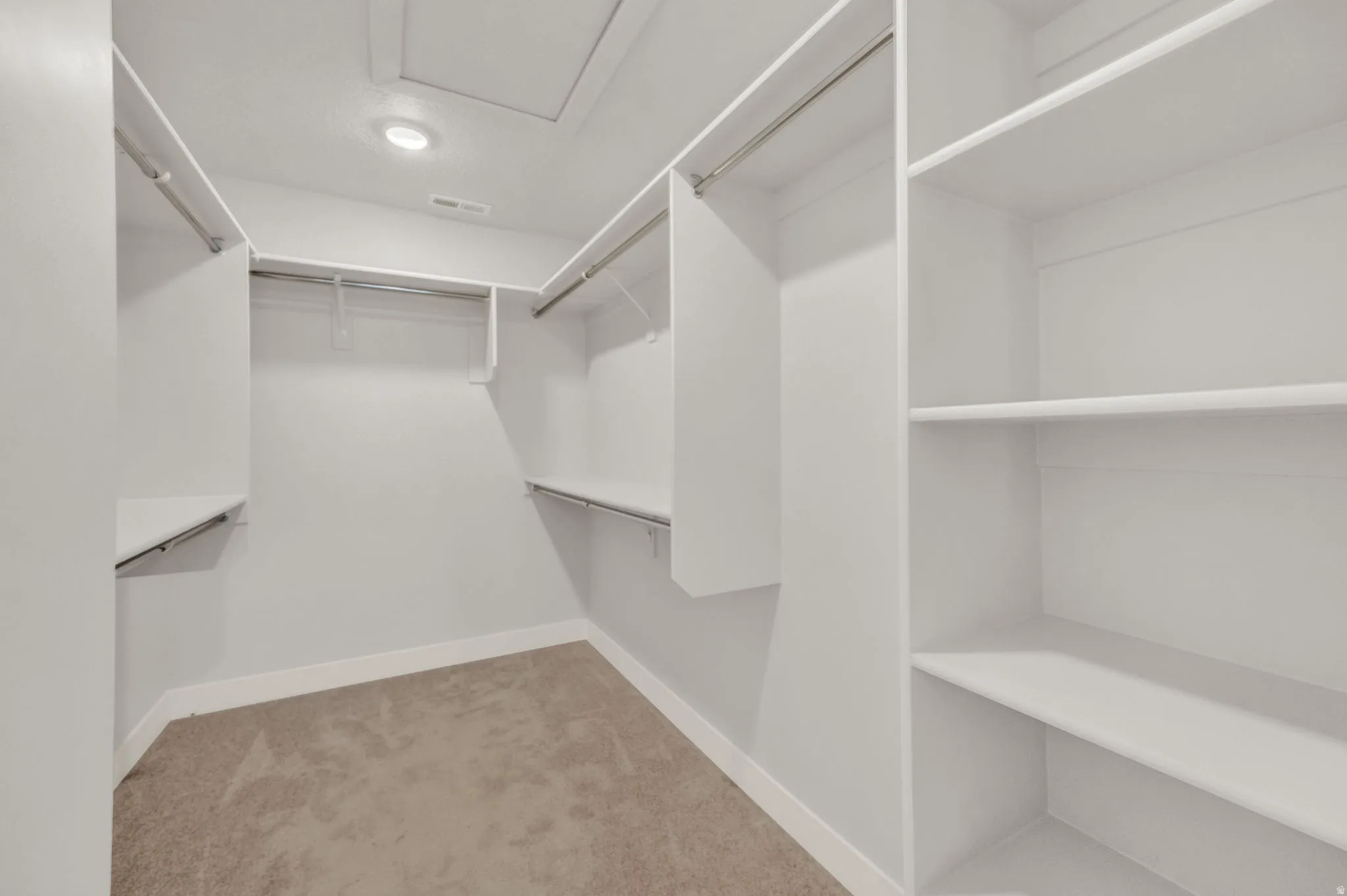 Walk-in closet with carpet flooring, white shelving, and hanging rods