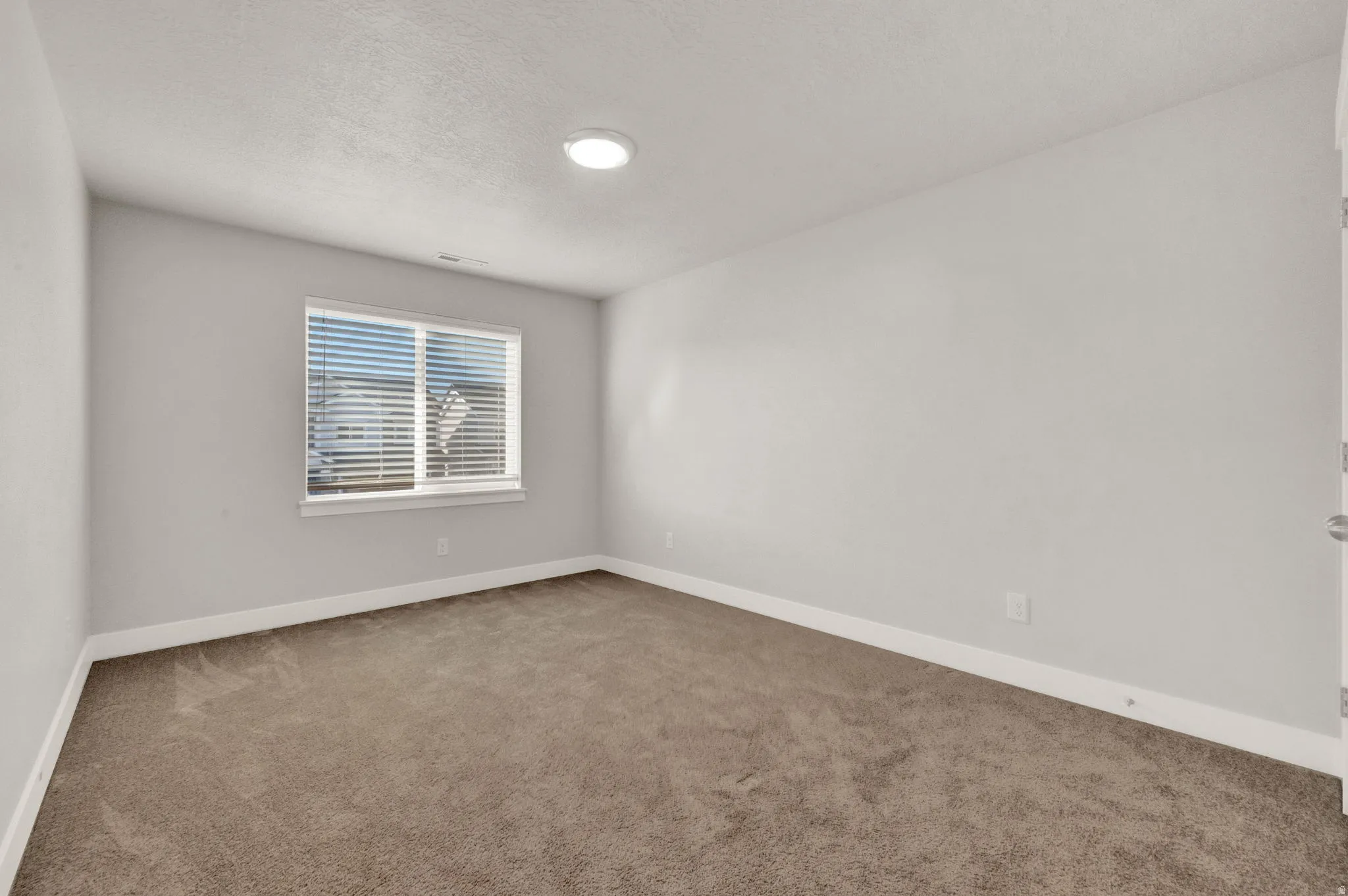 Carpeted room with light gray walls, a single window with blinds, and a flush-mount ceiling light