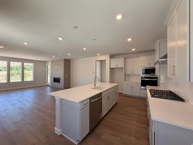 Open-concept living space featuring wood-finish flooring, a contemporary kitchen island with a built-in sink, stainless steel appliances, light-toned cabinetry, and a fireplace with a tiled surround
