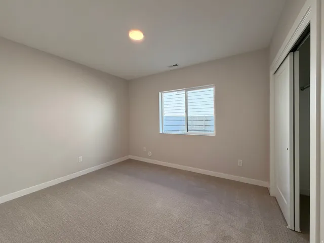 Neutral-toned room featuring a single window with horizontal blinds, light tan carpeting, and a flush-mount ceiling light