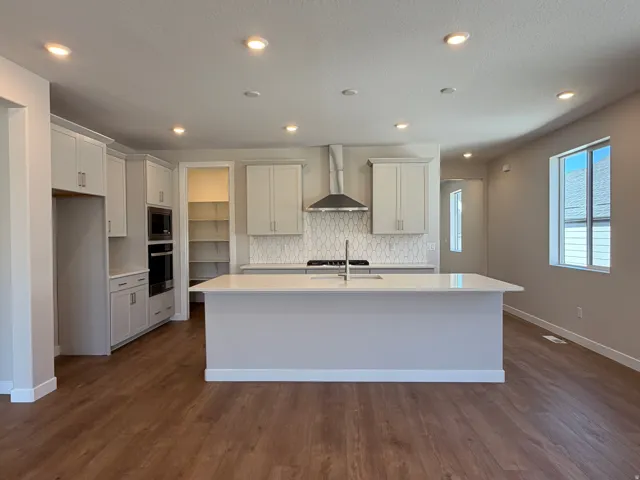 Modern kitchen featuring a central island with an undermount sink, light-toned cabinetry with contemporary hardware, and wood-finish flooring