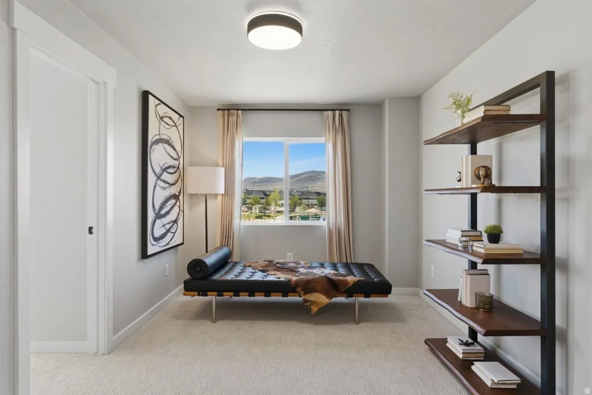 Carpeted room featuring a large window, a ceiling-mounted light fixture, and a built-in wall shelf with wood-finish shelving