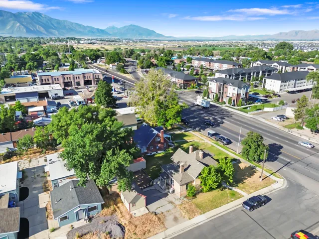 Aerial perspective featuring residential properties and broad roadways