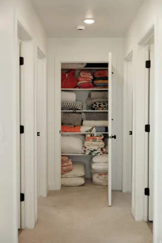 Hallway featuring neutral carpet flooring and recessed lighting