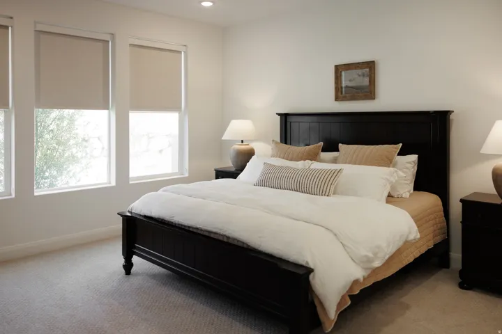 Bedroom featuring a dark wood bed frame, three large windows with roller shades, recessed lighting, and carpet flooring