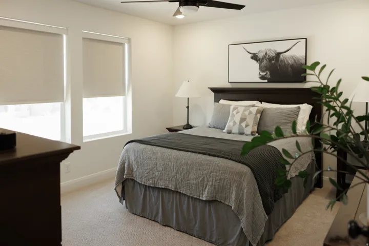 Bedroom featuring a dark wood headboard, two windows with roller shades, a ceiling fan with integrated lighting, and neutral carpeting