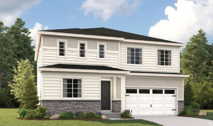 Two-story residence featuring light-colored horizontal siding and dark shingle roofing