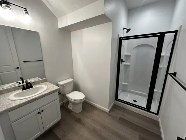 Full bathroom featuring a single vanity, wood-finish flooring, and a shower with a black-framed glass enclosure