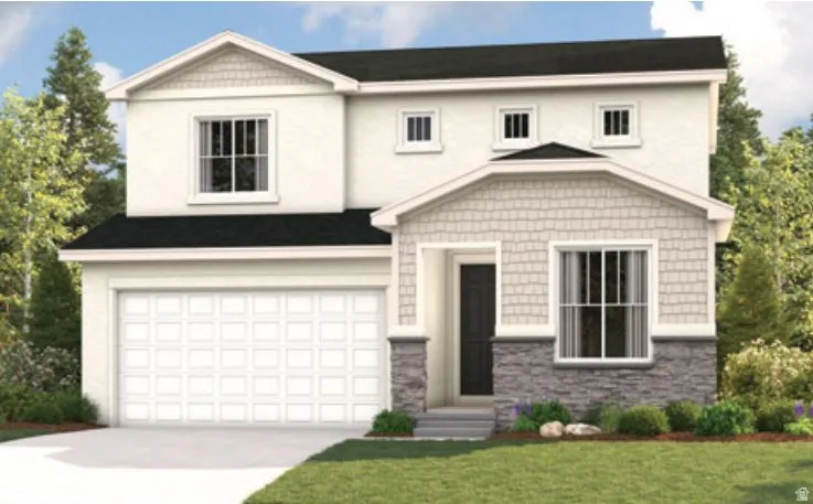 Contemporary two-story residence featuring a two-car garage, multiple window styles, a stone and shingle facade, and a dark entry door