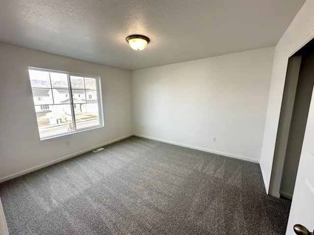 Neutral white wall paint, gray patterned carpet, a single window, and a ceiling-mounted light fixture