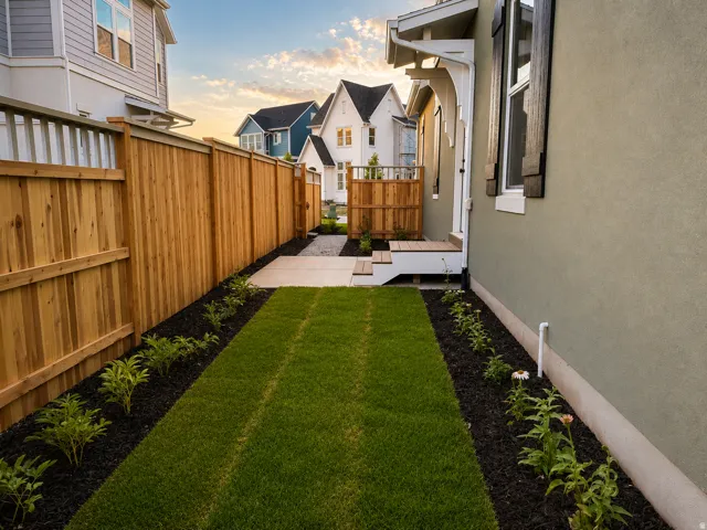 Side yard featuring a grassy pathway, dark mulch beds with plantings, and a new privacy fence