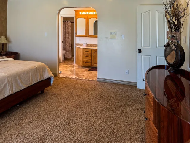 Carpeted bedroom with an arched entryway to a bathroom featuring a wood-finish vanity with a light-toned countertop, a wall-mounted light fixture, and tile flooring