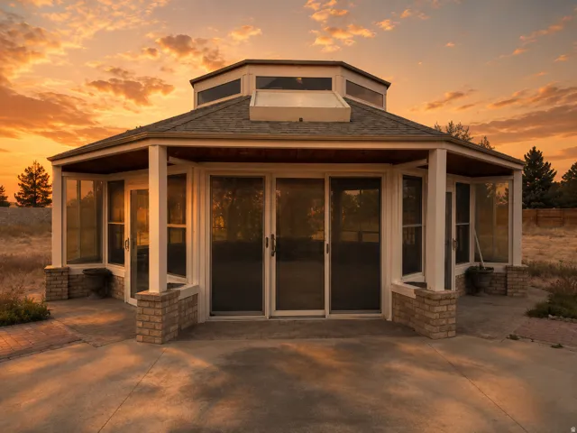 Octagonal sunroom featuring full-height windows and multiple sliding glass doors