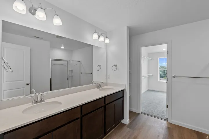 Dual vanity with undermount sinks, wood-finish flooring, and a spacious walk-in closet