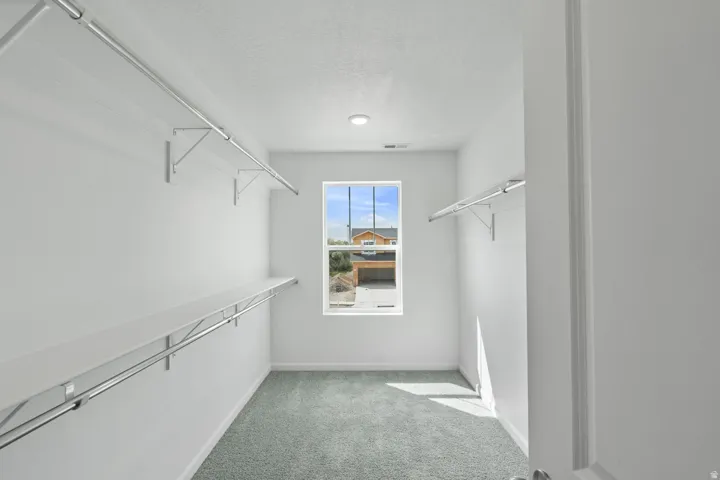 Recessed ceiling light, carpeted flooring, window with white trim, white shelving, and hanging rods