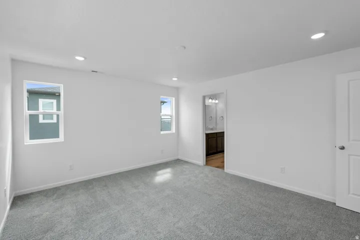 Recessed lighting, light gray carpeting, dual windows, white trim, and a white interior door