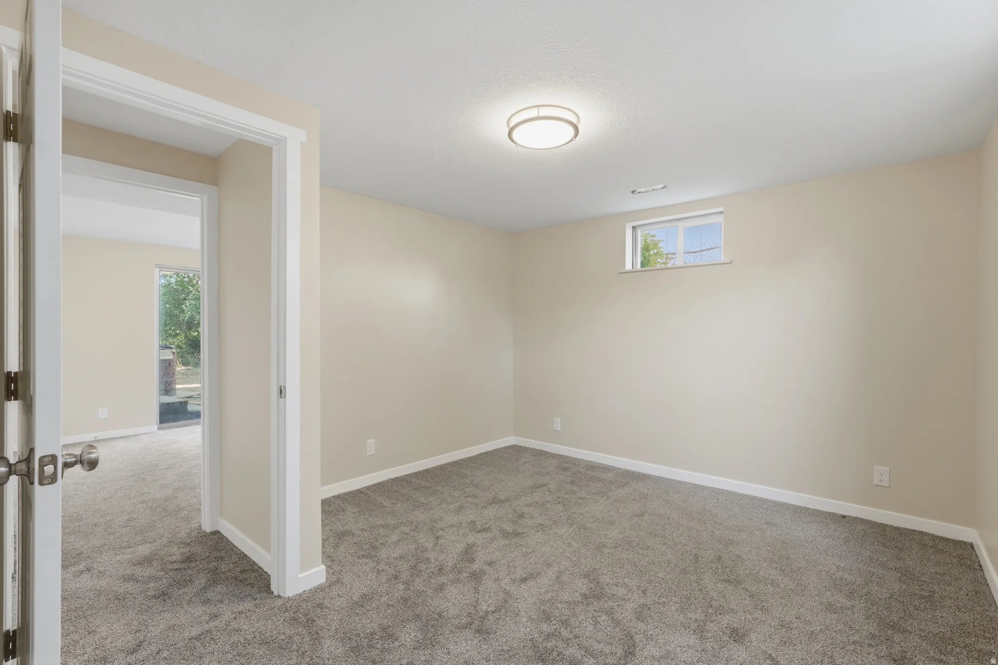 Spacious room featuring neutral paint, gray carpeting, white trim, a flush-mount ceiling light, and a high window