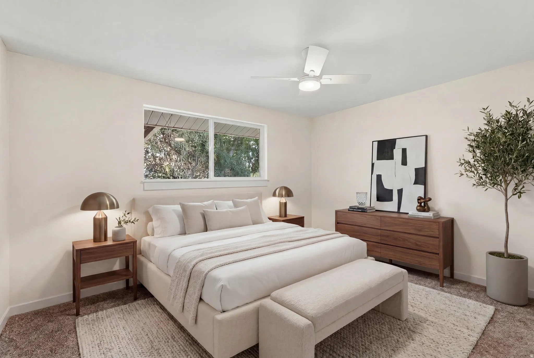 Bedroom featuring a dual-pane window, flush-mount ceiling fan, light-toned walls, and carpet flooring. Virtually Staged