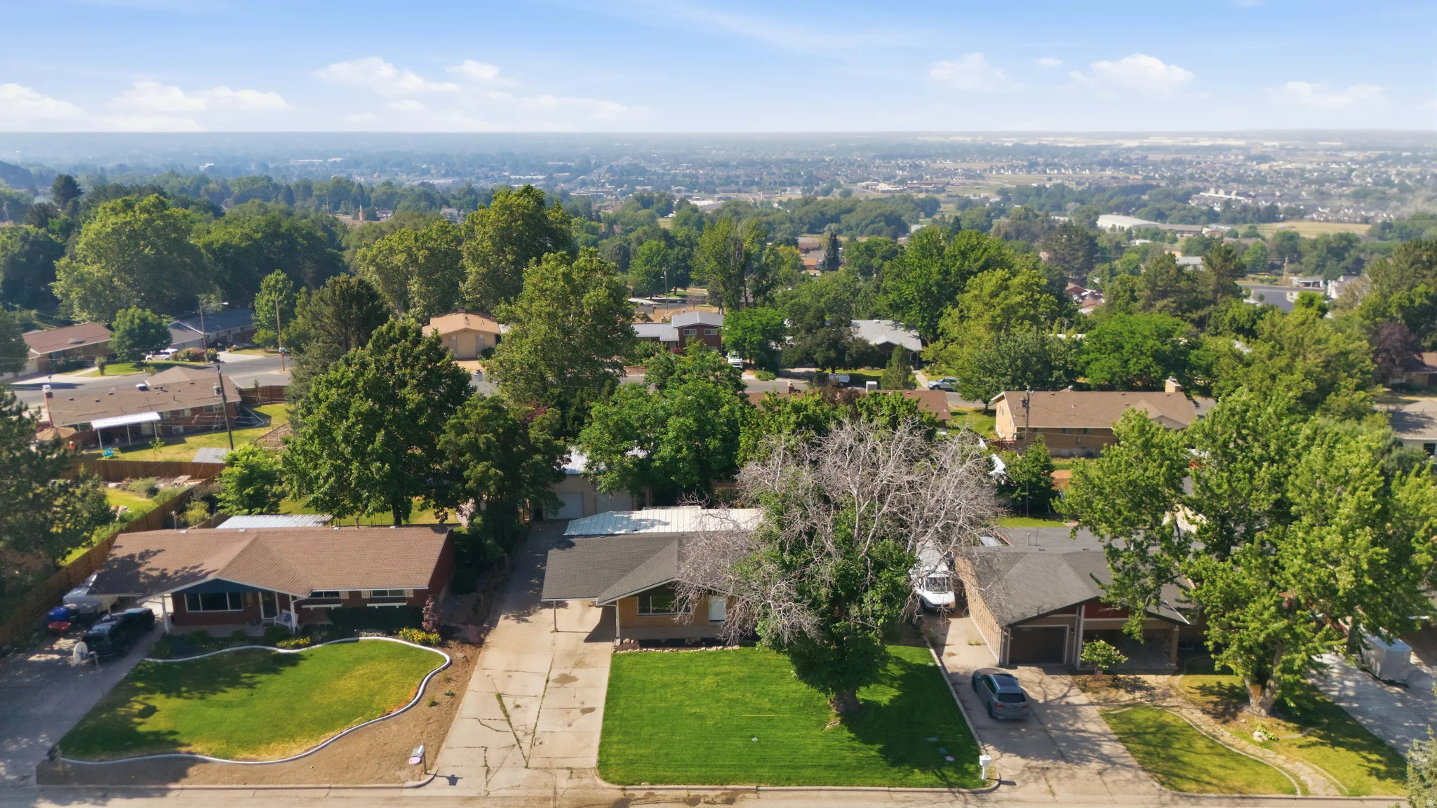 Aerial perspective of a residential neighborhood with mature trees