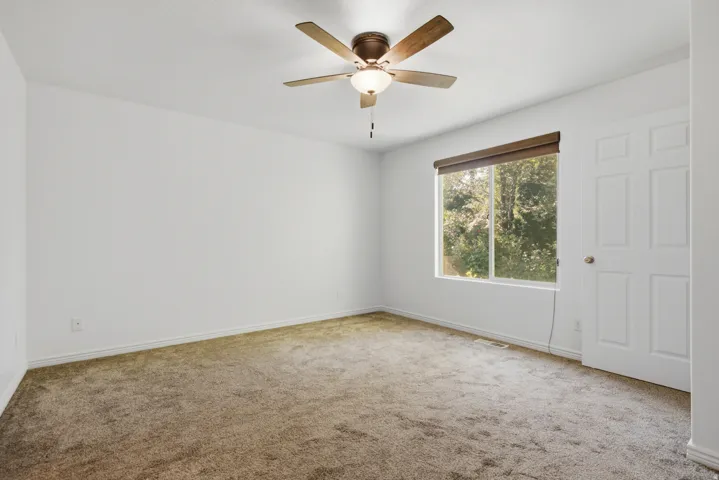 Carpeted room featuring a large window, a ceiling fan with light fixture, and a six-panel door