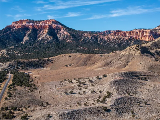 Expansive desert landscape featuring distant red rock formations and scattered evergreen trees