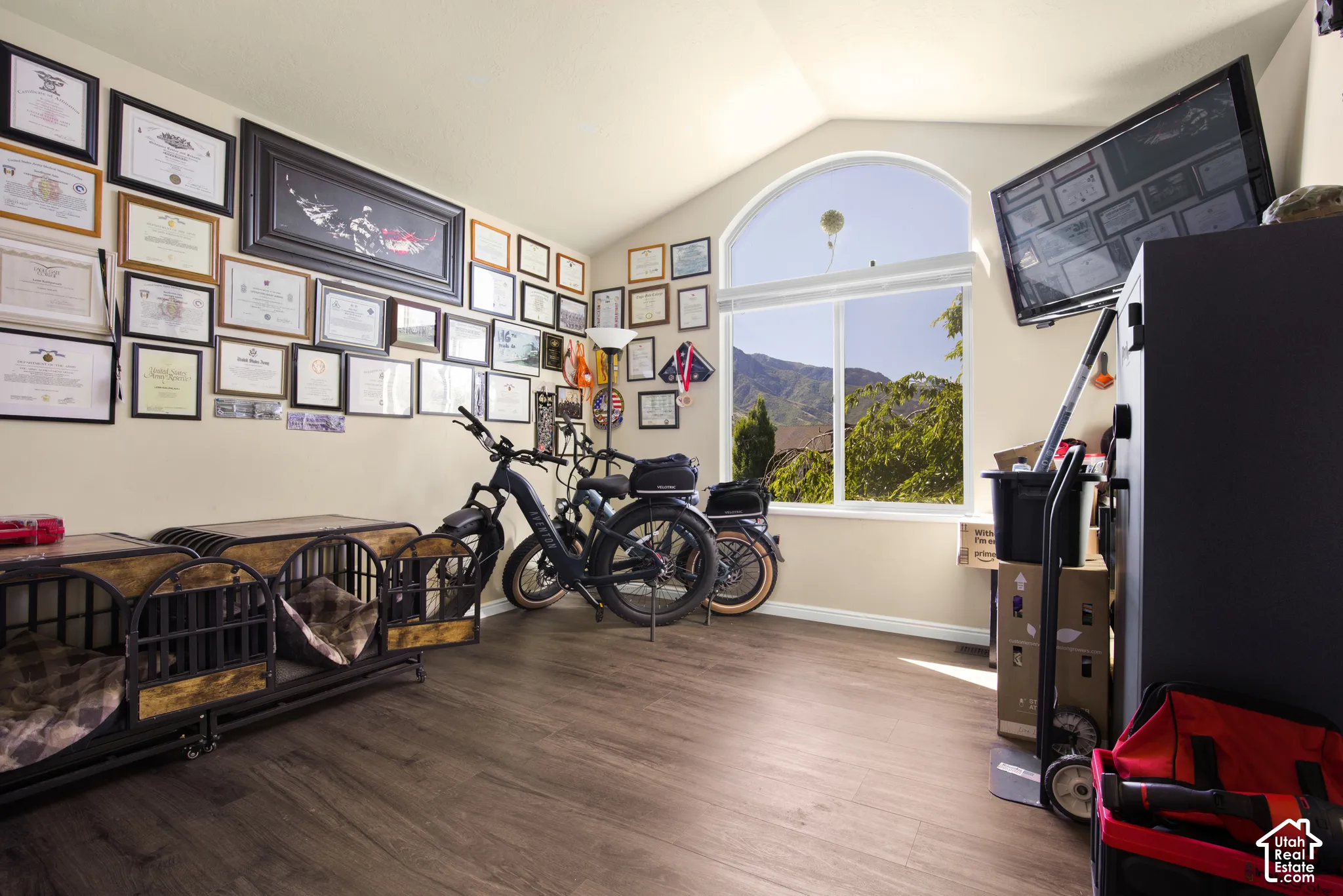 Arched window with mountain scenery and natural light, complemented by wood-finish flooring and vaulted ceilings