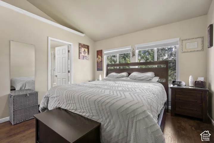 Vaulted ceiling bedroom with wood-finish flooring, two large windows, and a panel door leading to an adjacent room
