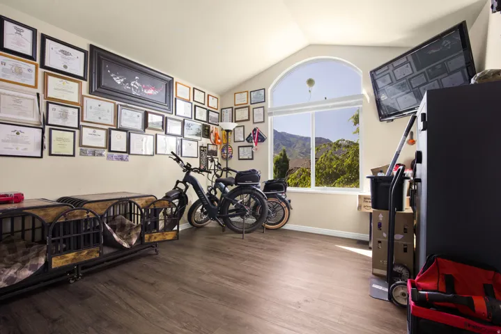 Arched window with mountain scenery and natural light, complemented by wood-finish flooring and vaulted ceilings