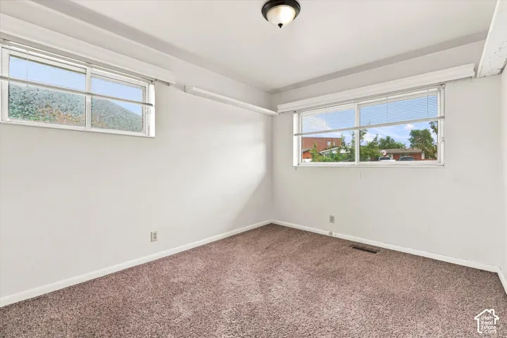Neutral wall paint, brown carpet flooring, and flush mount lighting