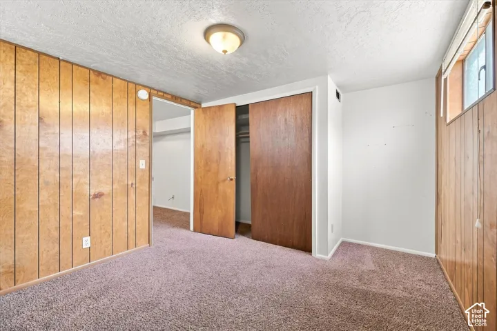 Carpeted room featuring wood paneling, white walls, and a ceiling-mounted light fixture