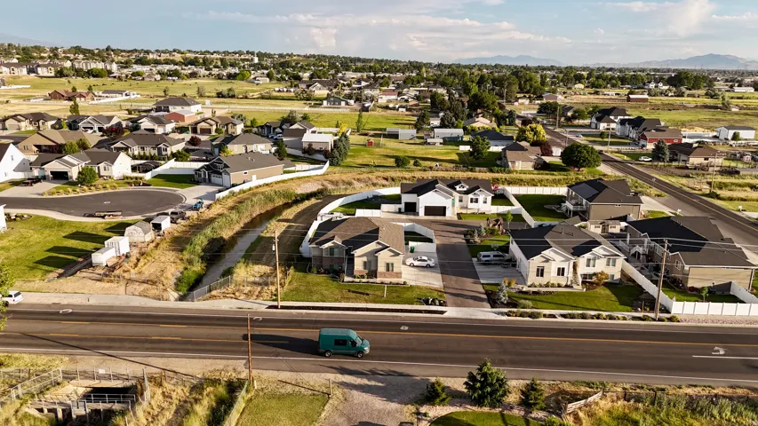 Aerial perspective showcasing a residential subdivision with individual properties