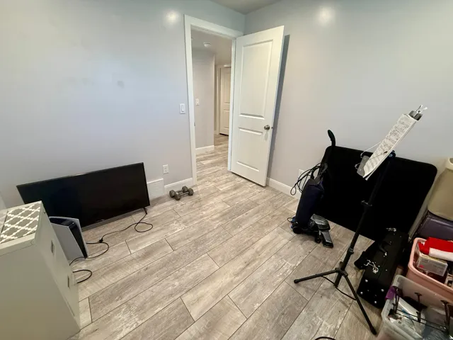 Interior room featuring light gray walls, wood-finish tile flooring, white baseboards, and a white interior door with contemporary hardware