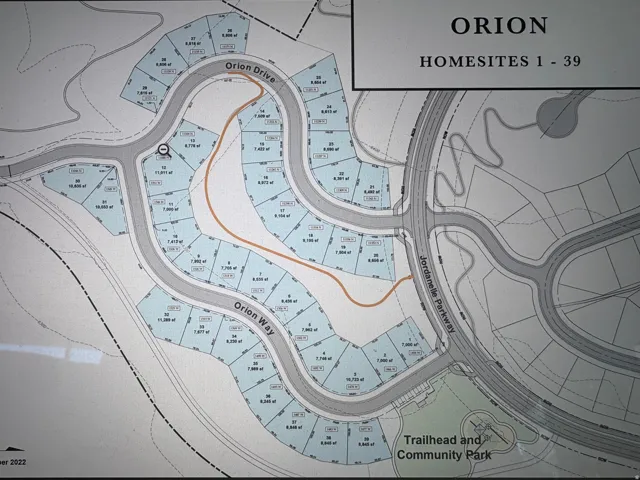 Plat Map. Illustrating the layout of homesites 1-39 within the Orion development, including roadways and a community park