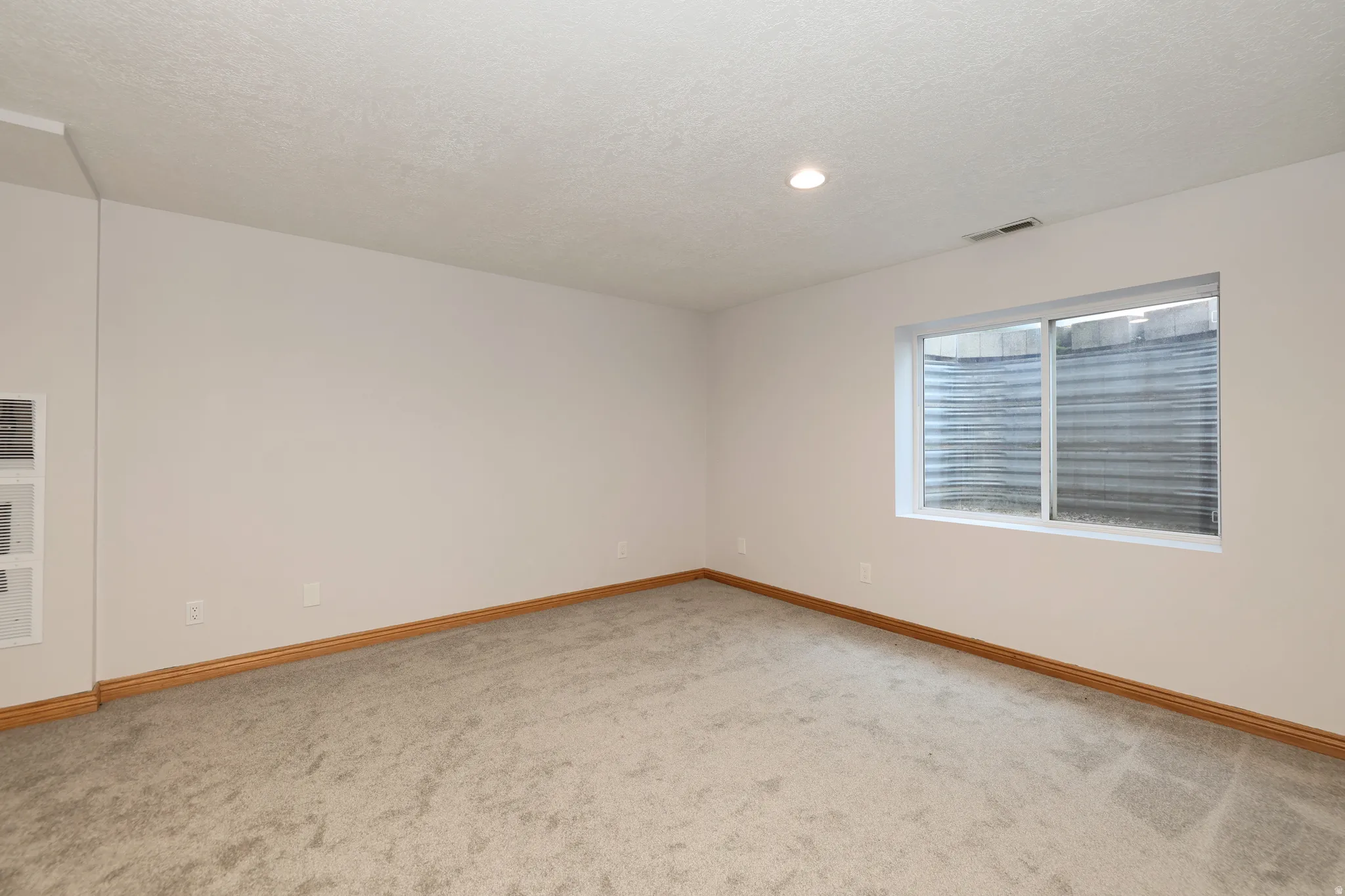 Bright interior space featuring light-toned walls, neutral carpet, and wood-finish baseboards