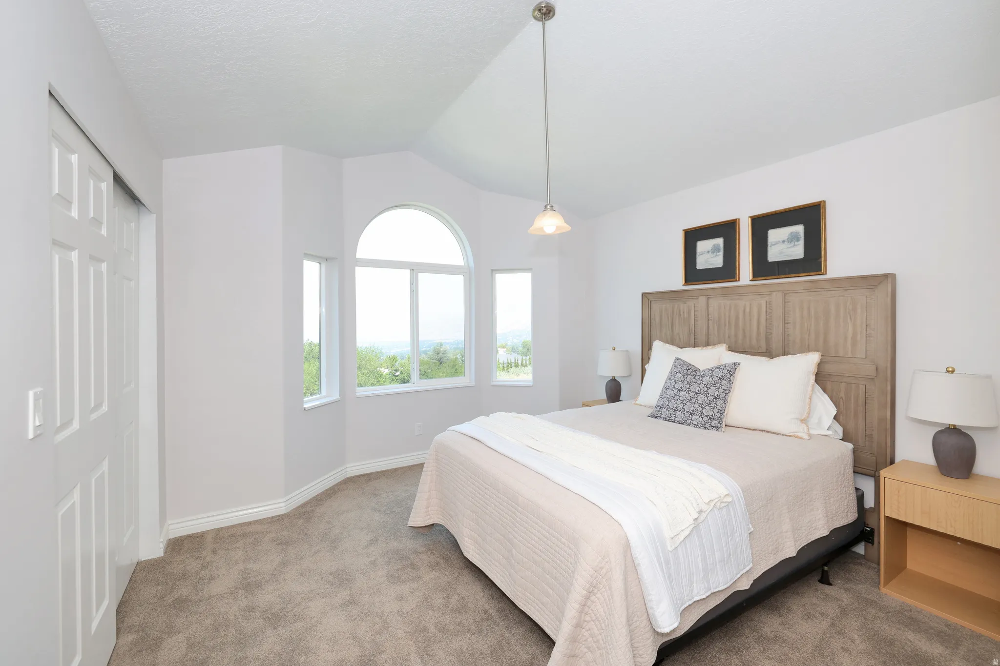 Room featuring a bay window with an arched transom, plush carpet flooring, a vaulted ceiling, and sliding closet doors