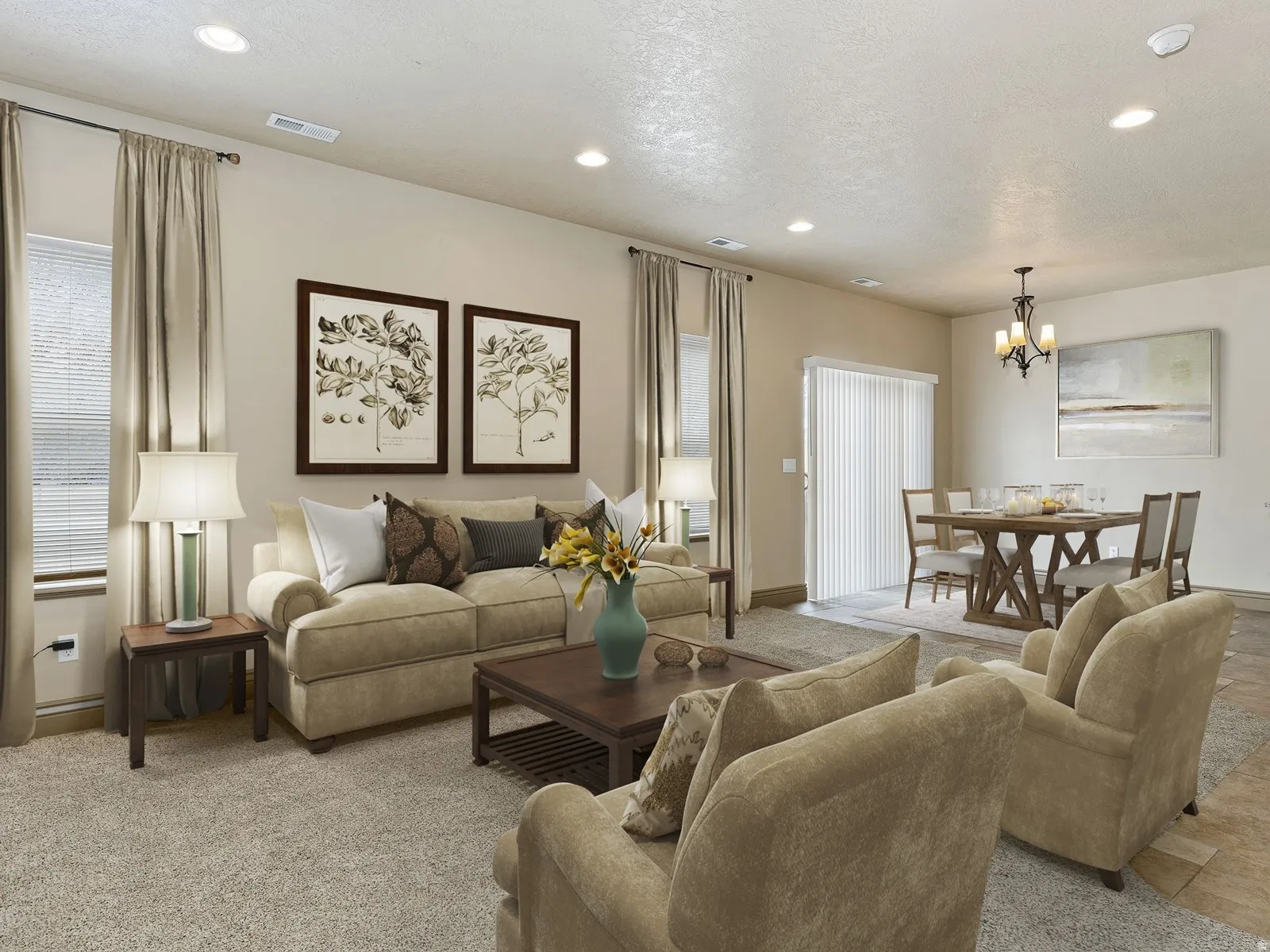 Open-concept living area featuring recessed lighting