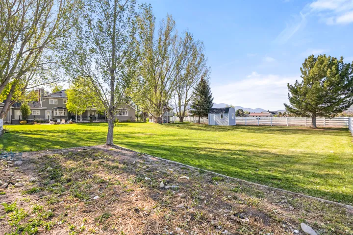 Expansive green lawn with mature trees and a white picket fence