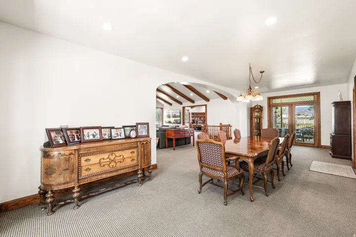 Dining area with recessed lighting, wall-to-wall carpeting, and French patio doors