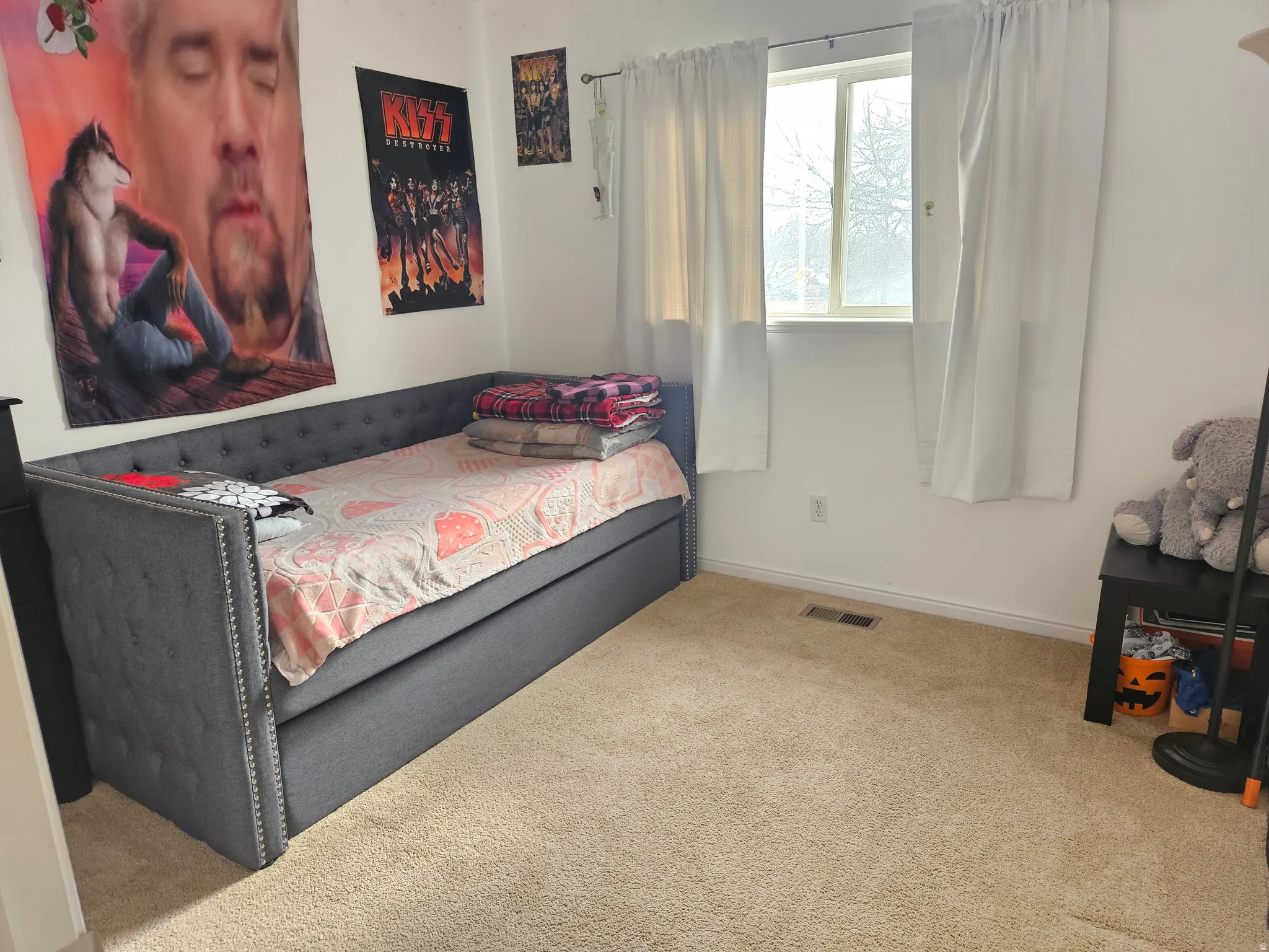 Carpeted room with a double-pane window, white window treatments, and white walls